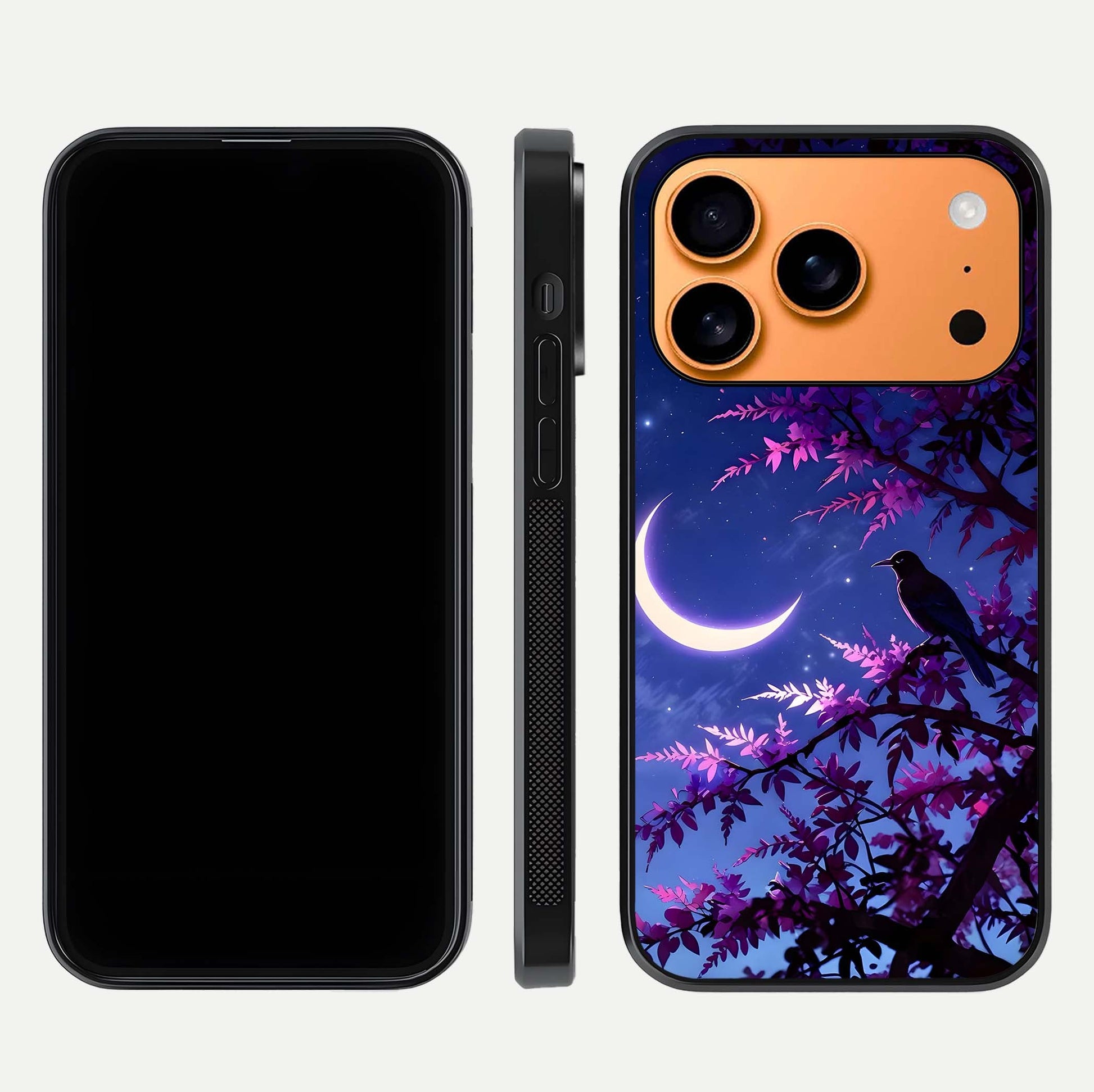 Crow & Moon Scenery Glass Case for iPhone 17 Pro Max dual-view layout displaying night sky art and curved glass edges