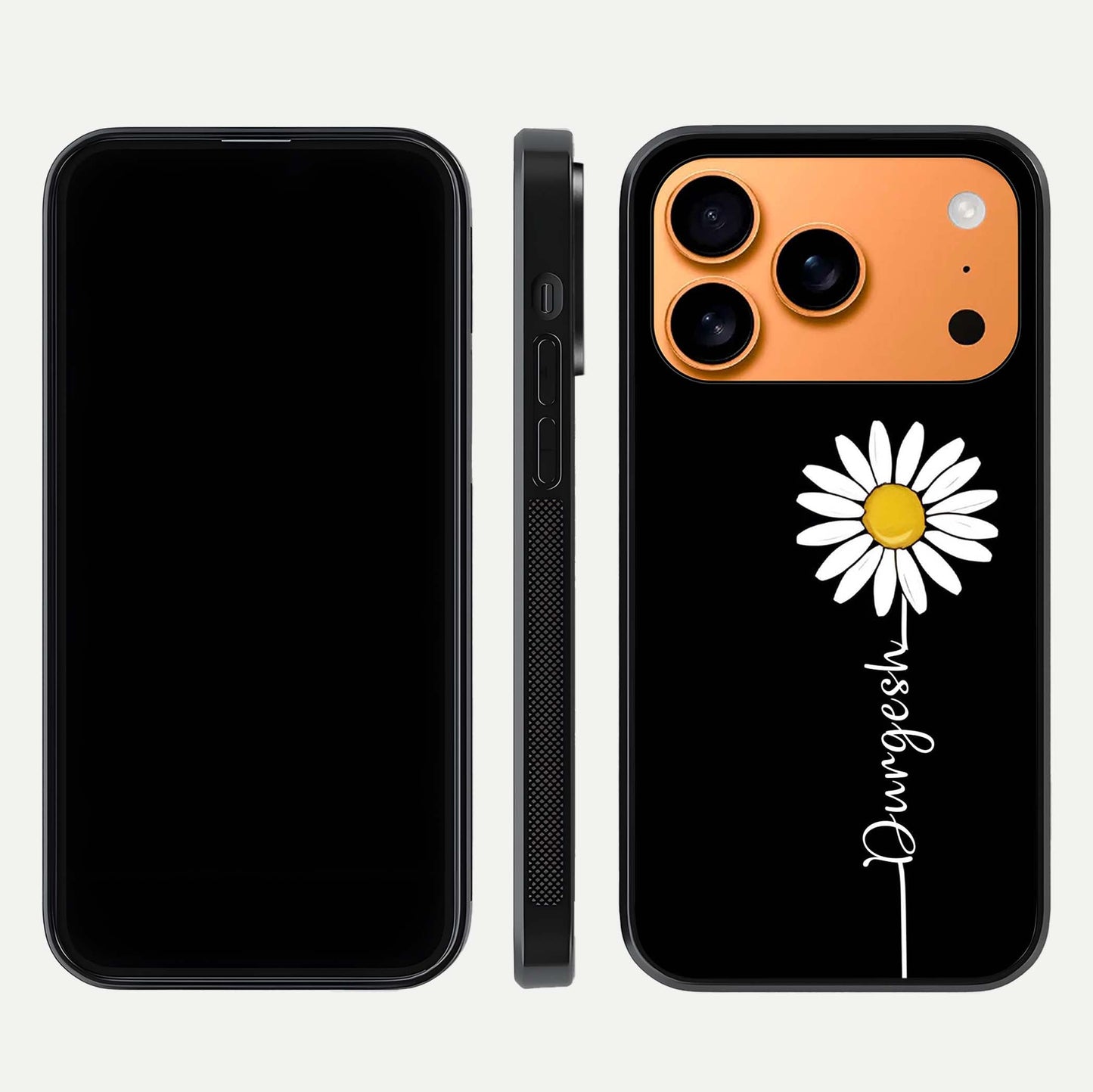 Custom Name White Flower Glass Case for iPhone 17 Pro Max dual-view layout showing elegant floral tone and curved edge finish