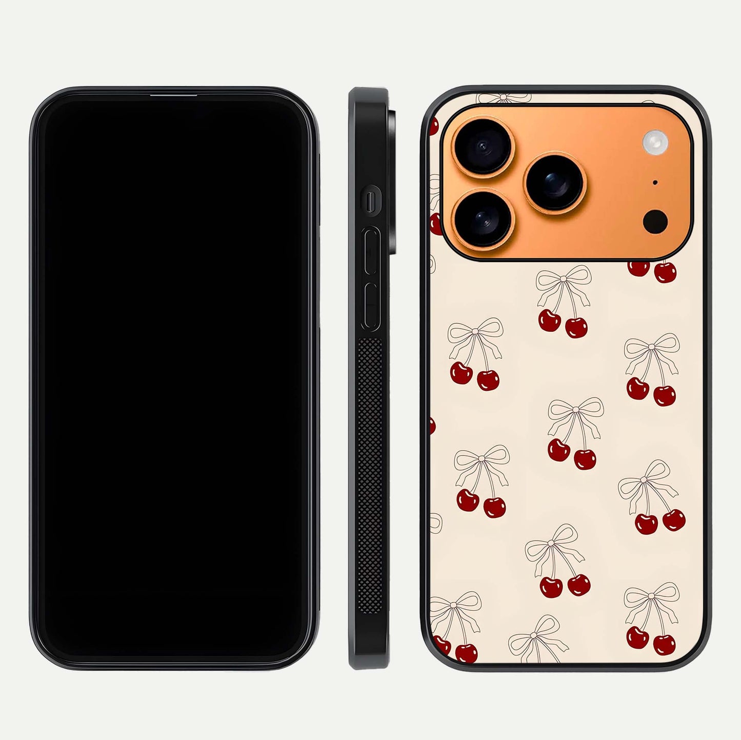 Cute Cherry Pattern Glass Case for iPhone 17 Pro Max dual-view layout displaying aesthetic fruit print and smooth edges