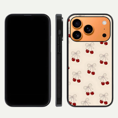 Cute Cherry Pattern Glass Case for iPhone 17 Pro Max dual-view layout displaying aesthetic fruit print and smooth edges