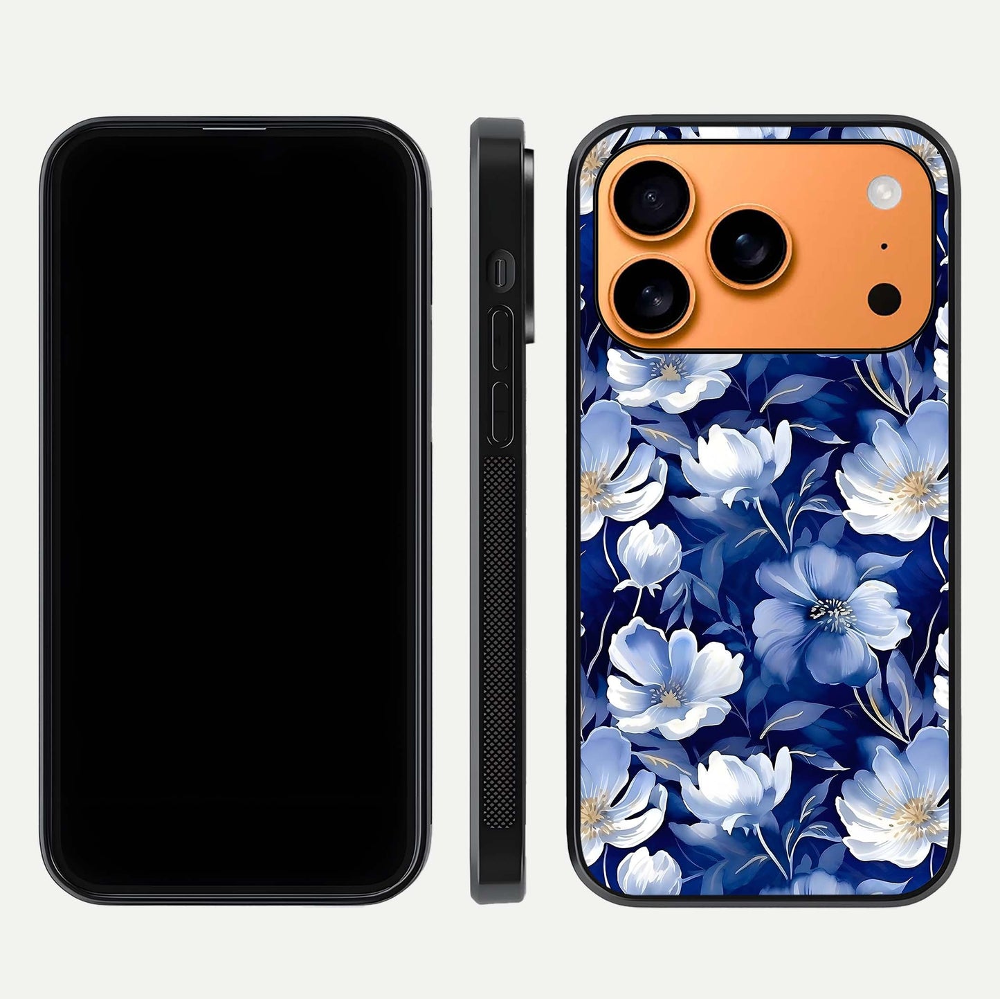 Cute Floral Patterns Glass Case for iPhone 17 Pro Max dual-view layout displaying HD floral print and curved edges