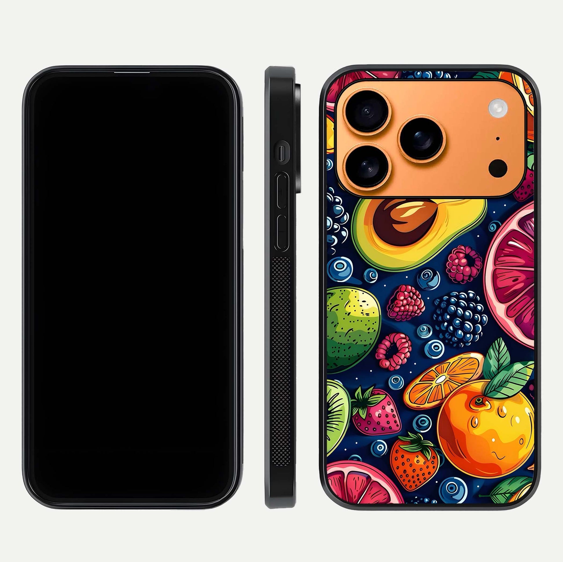 Cute Fruits Art Glass Case for iPhone 17 Pro Max dual-view layout displaying playful tones and curved design