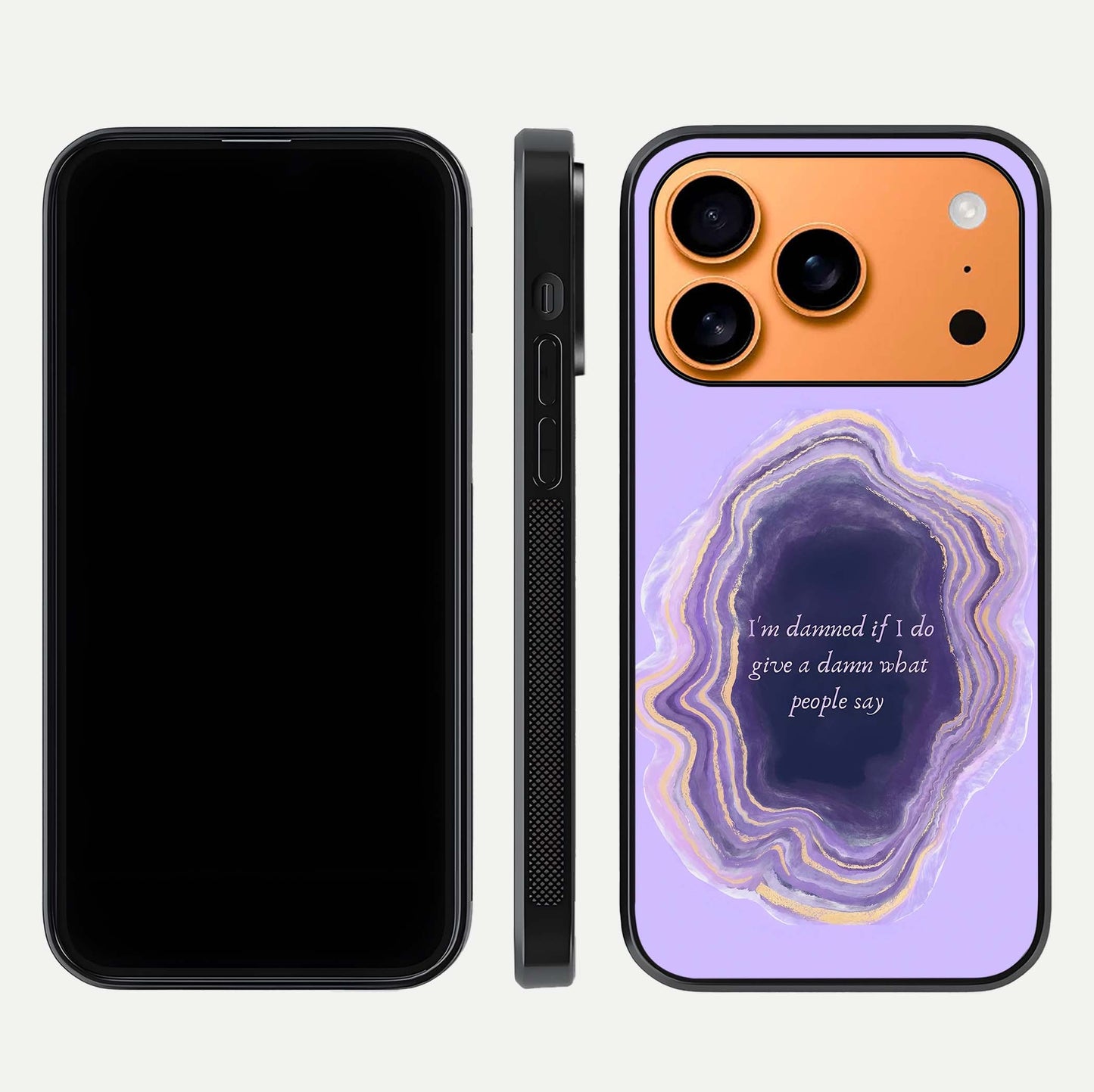 Damned People Quote Glass Case for iPhone 17 Pro Max dual-view layout displaying modern print and glass clarity