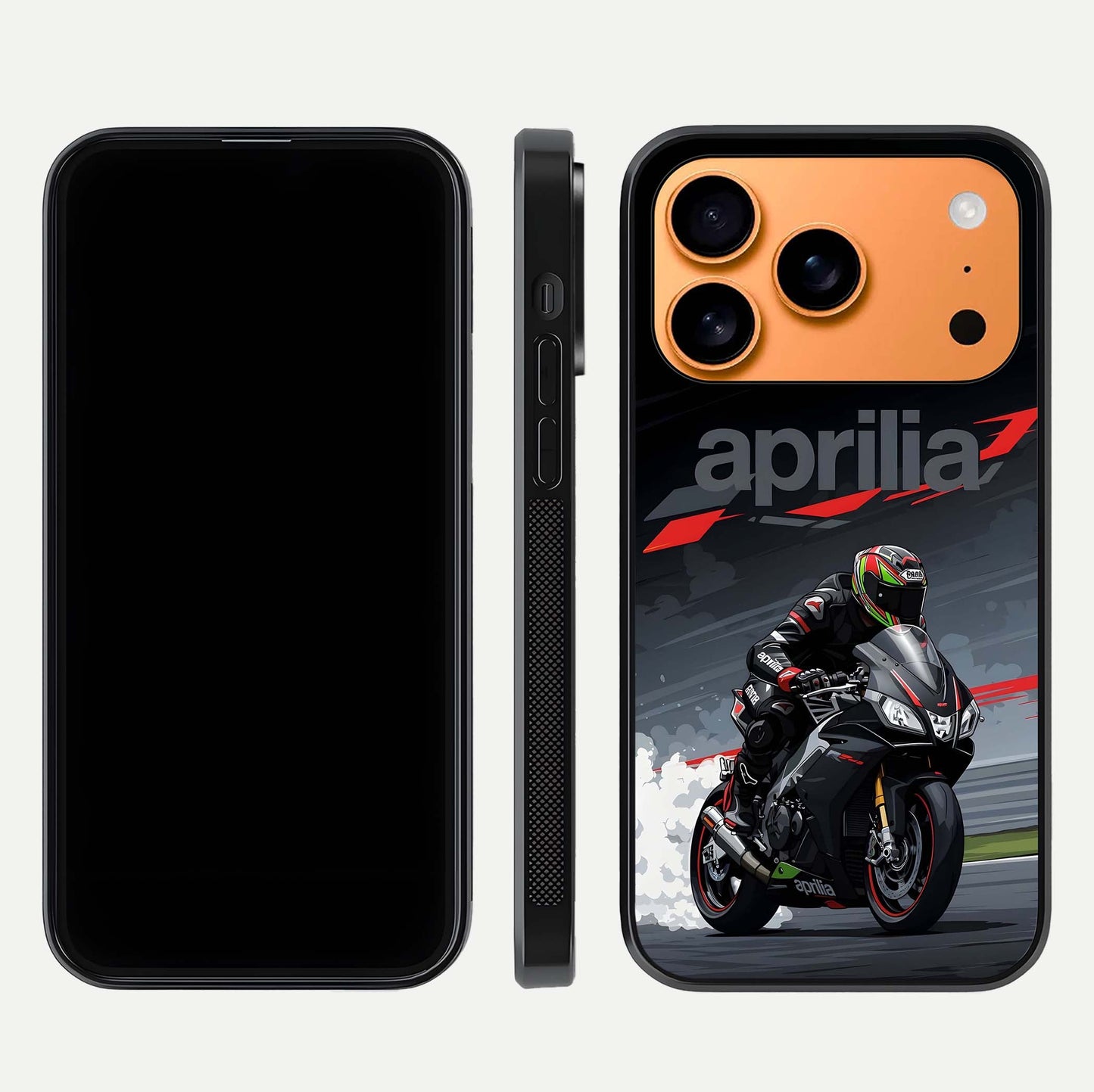 Dark Aprilla Glass Case for iPhone 17 Pro Max dual-view layout displaying sleek racing look and HD shine