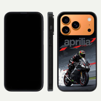 Dark Aprilla Glass Case for iPhone 17 Pro Max dual-view layout displaying sleek racing look and HD shine