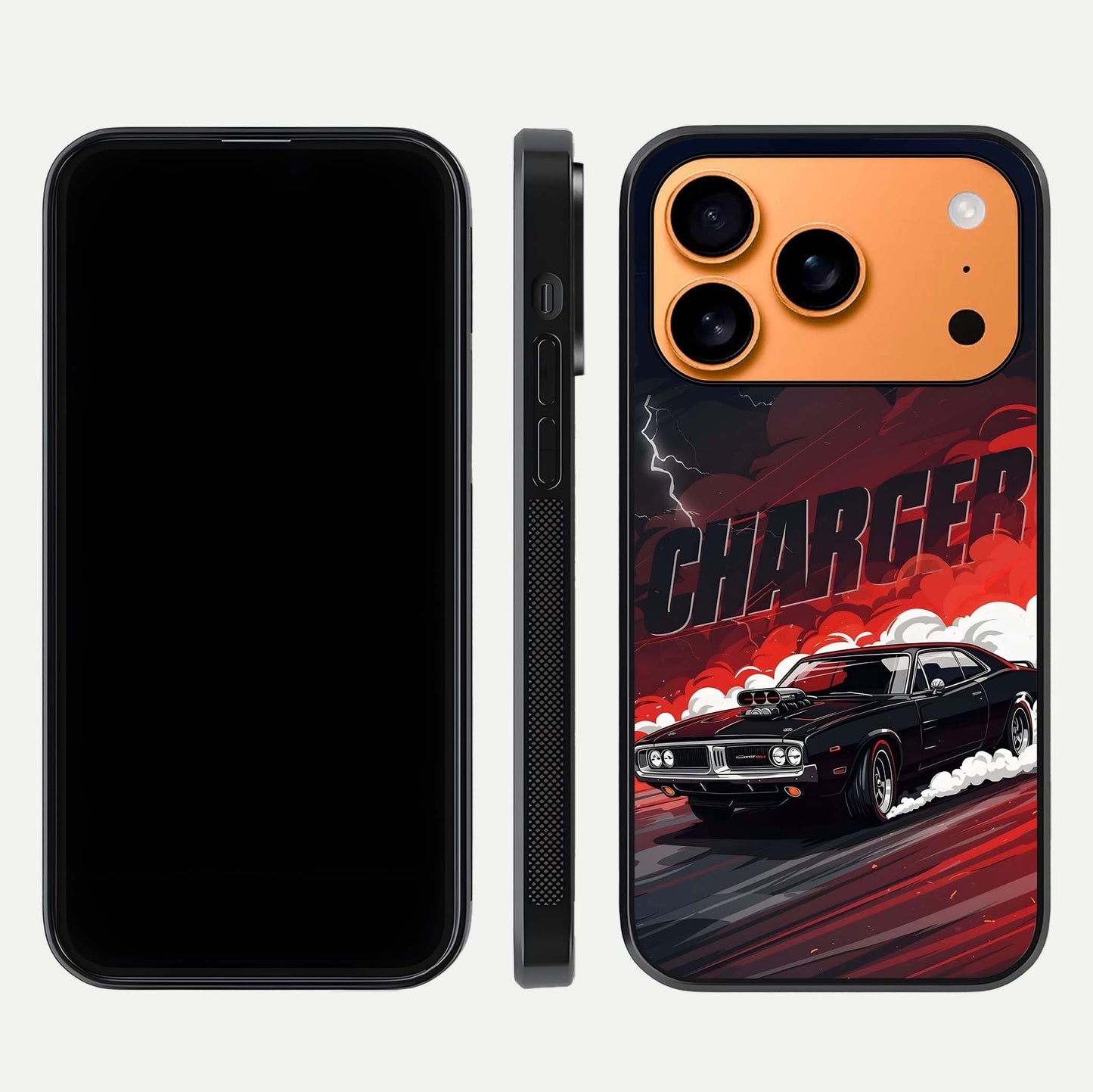 Dark Charger Fury Glass Case for iPhone 17 Pro Max dual-view layout displaying HD design and polished edges