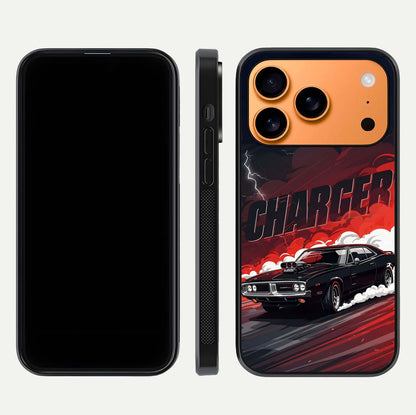 Dark Charger Fury Glass Case for iPhone 17 Pro Max dual-view layout displaying HD design and polished edges