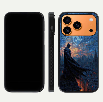 Dark Knight Dusk Glass Case for iPhone 17 Pro Max dual-view layout displaying HD hero print and curved glass edges