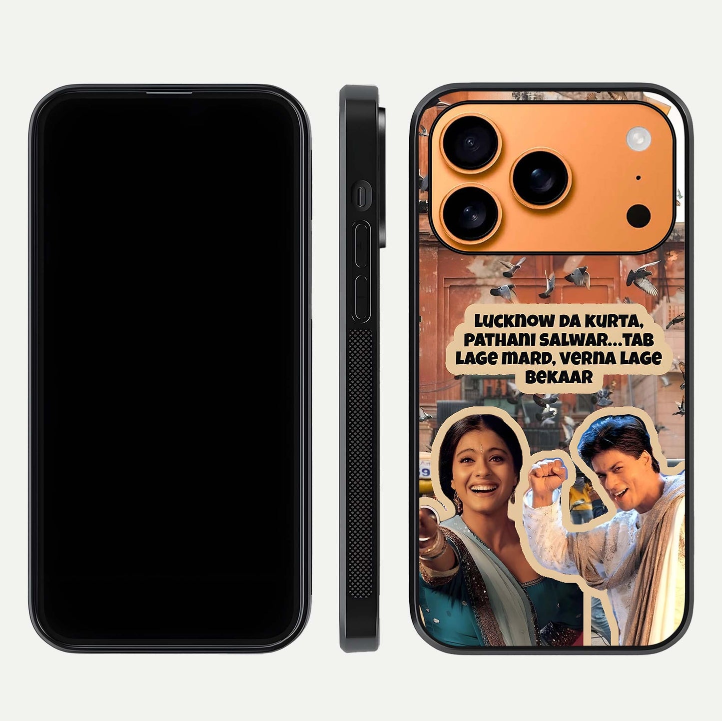 Desi Retro Vibes Glass Case for iPhone 17 Pro Max dual-view layout showing nostalgic design and smooth glass curve