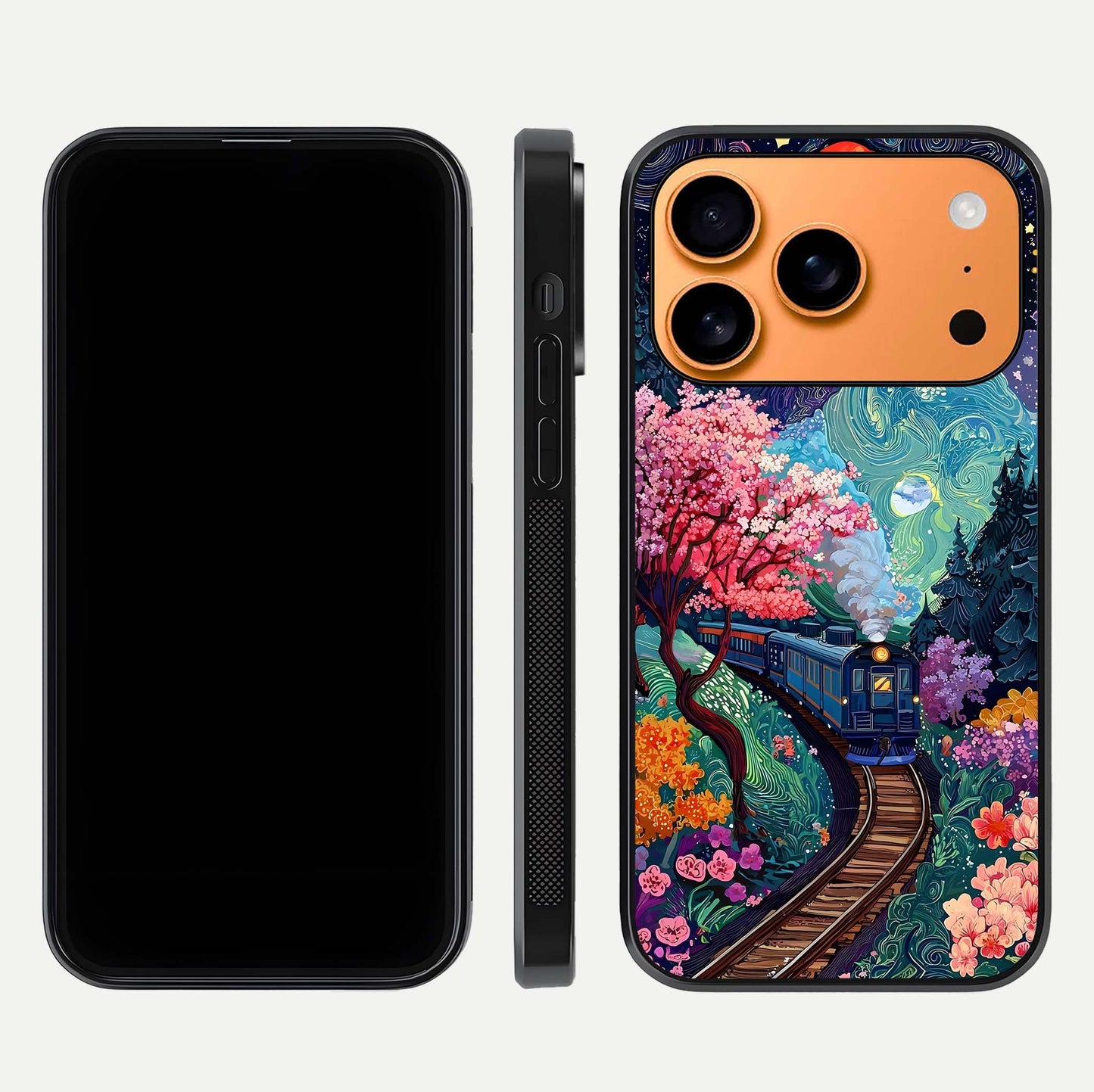 Digital Art Glass Case for iPhone 17 Pro Max dual-view layout displaying artistic tones and curved glass edge