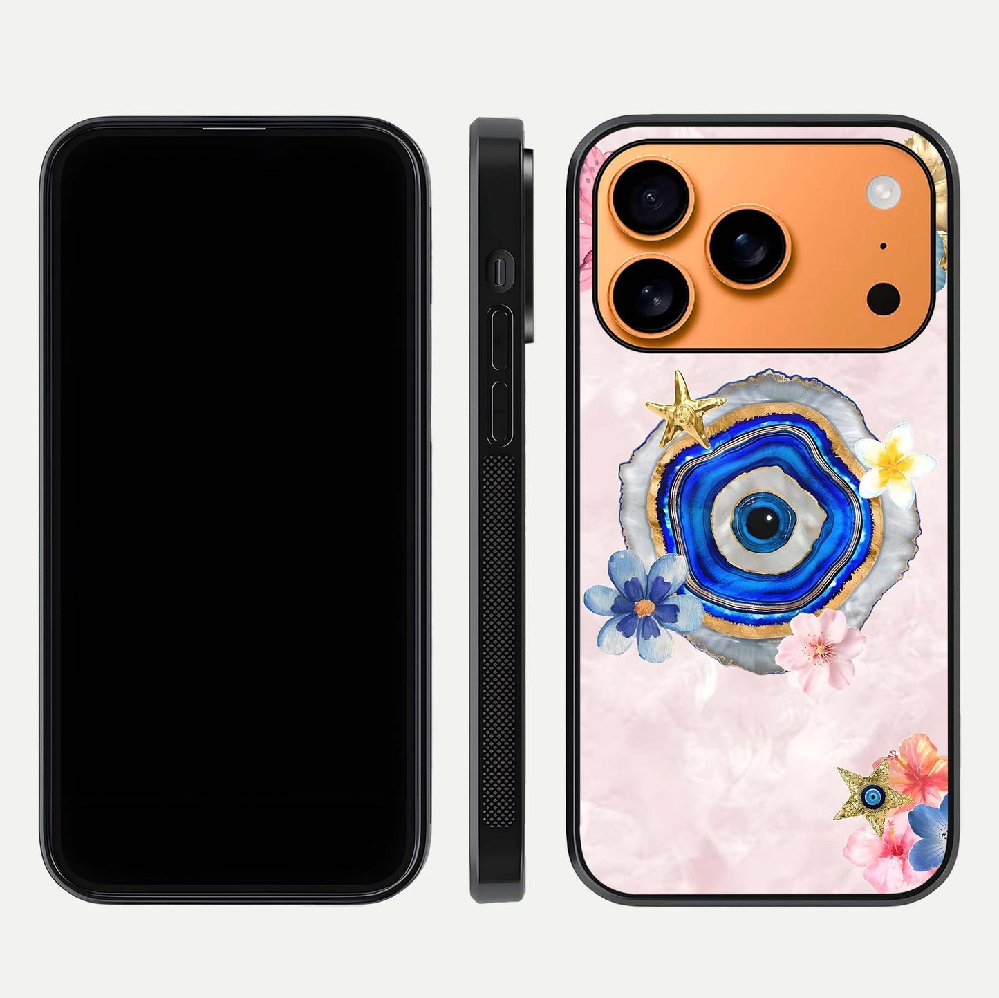 Divine Aura Bloom Glass Case for iPhone 17 Pro Max dual-view layout displaying divine color tones and smooth edges