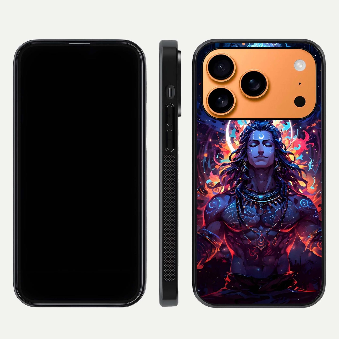 Divine Fire Shiv Glass Case for iPhone 17 Pro Max dual-view layout displaying HD deity print and curved edges