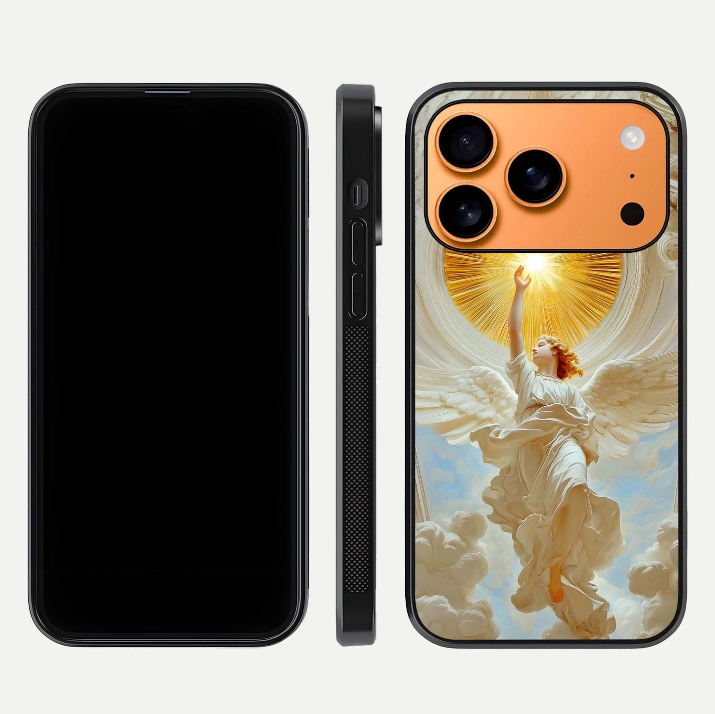 Divine Light Angel Glass Case for iPhone 17 Pro Max dual-view layout displaying celestial tones and smooth curves