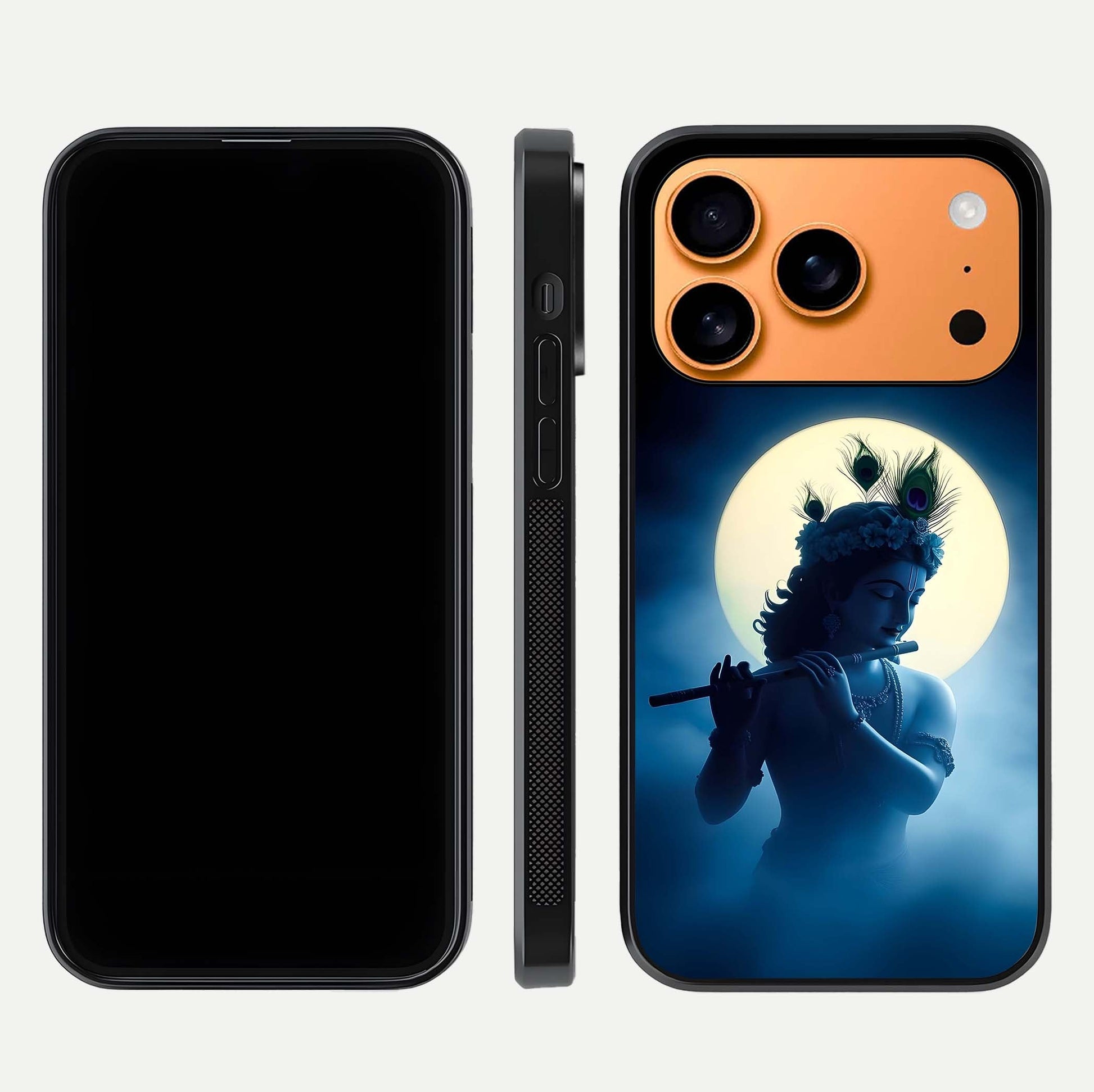 Divine Moon Flute Glass Case for iPhone 17 Pro Max dual-view layout displaying soft night tones and curved polish