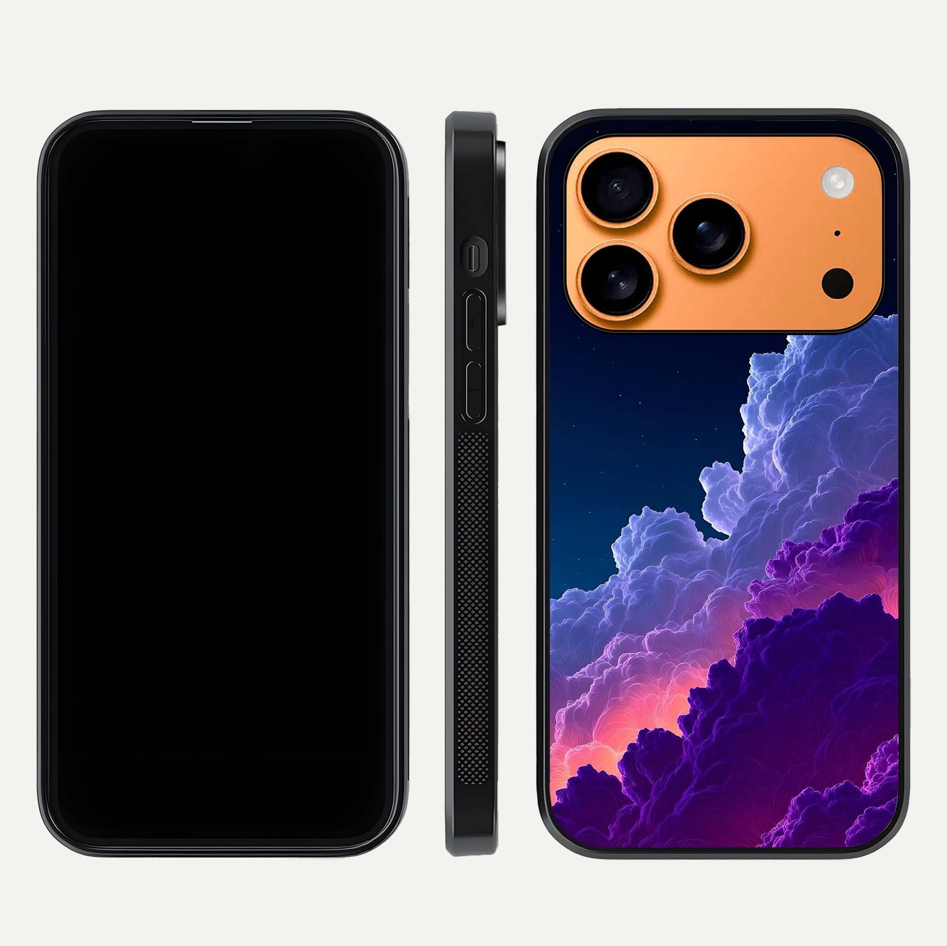 Dreamy Cloud Skies Glass Case for iPhone 17 Pro Max dual-view layout displaying calm sky art and smooth curve