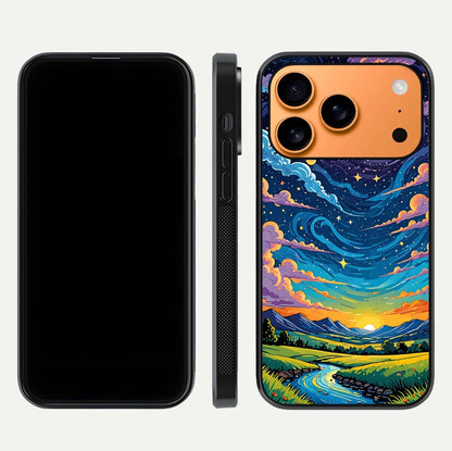 Dreamy Night Landscape Glass Case for iPhone 17 Pro Max dual-view layout displaying HD print and curved glass edges