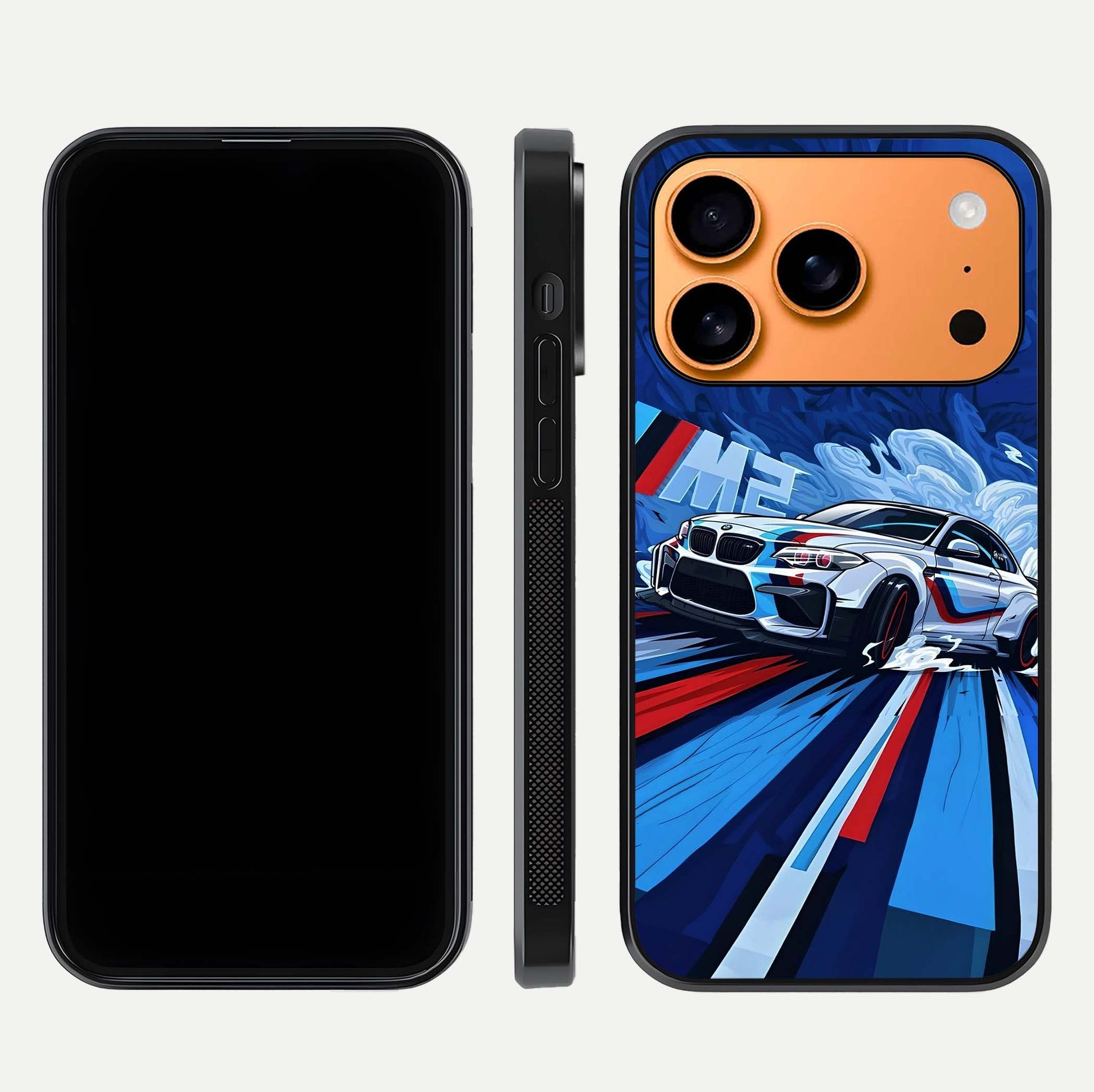 Drift Power Rush Glass Case for iPhone 17 Pro Max dual-view layout displaying dynamic motion art and HD gloss