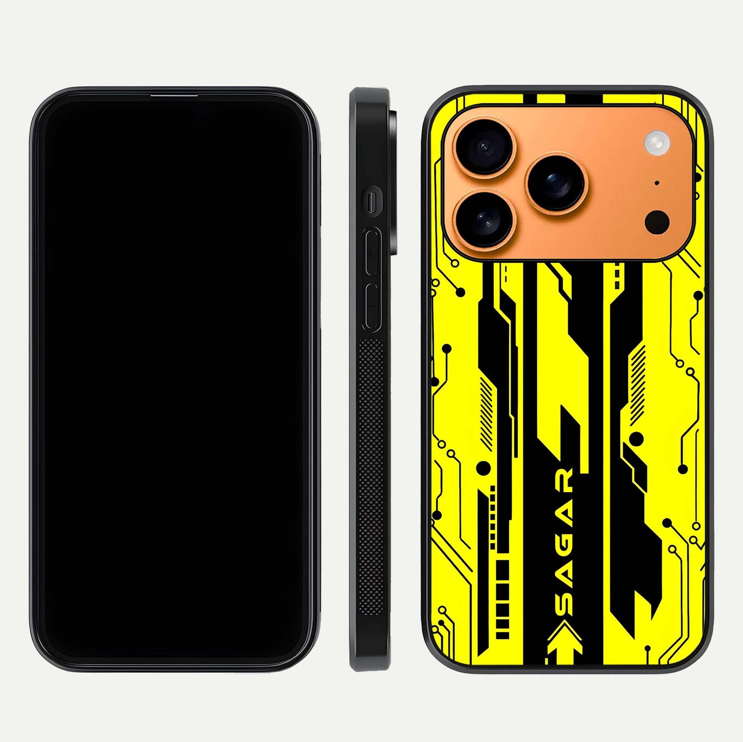 Electric Pulse CYBERPUNK Custom Name Glass Case for iPhone 17 Pro Max dual-view layout displaying futuristic hues and curved glass edges