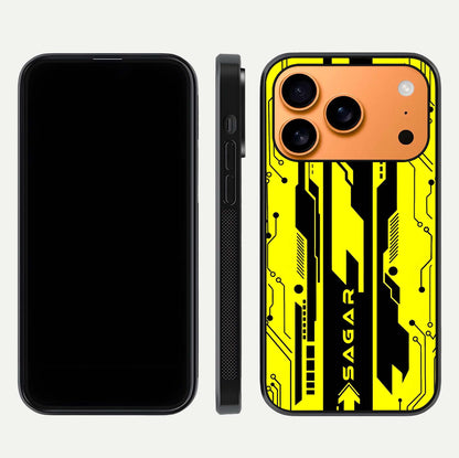 Electric Pulse CYBERPUNK Custom Name Glass Case for iPhone 17 Pro Max dual-view layout displaying futuristic hues and curved glass edges