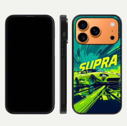 Electric Supra Thunder Glass Case for iPhone 17 Pro Max dual-view layout displaying dynamic motion art and curved finish