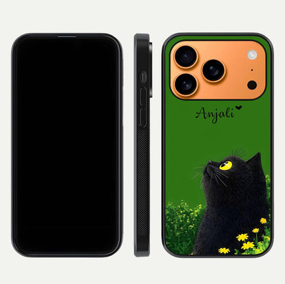 Emerald Cat Custom Name Glass Case for iPhone 17 Pro Max dual-view layout displaying artistic tones and smooth curves