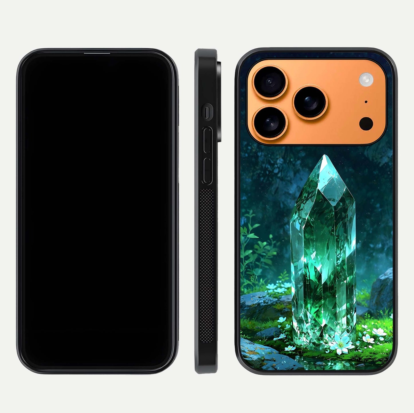 Emerald Light Crystal Glass Case for iPhone 17 Pro Max dual-view layout displaying gem-like tones and polished edge