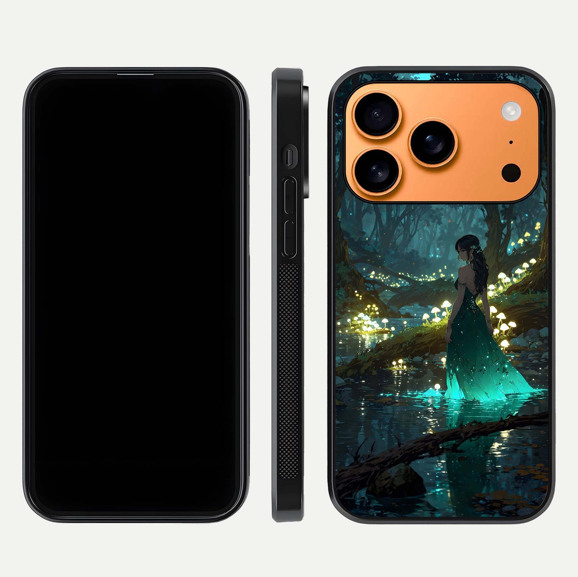Enchanted Forest Glow Glass Case for iPhone 17 Pro Max dual-view layout displaying green tones and smooth glass