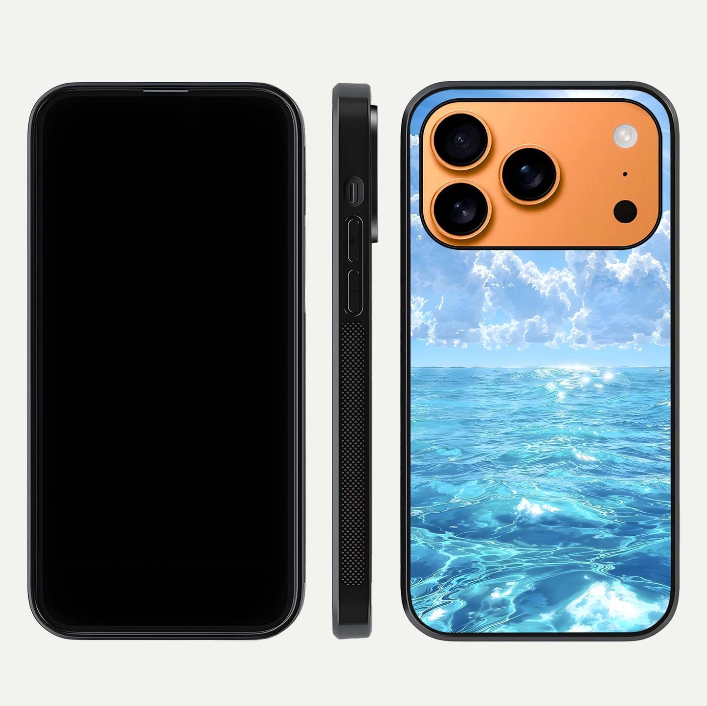 Endless Ocean Horizon Glass Case for iPhone 17 Pro Max dual-view layout displaying calm seascape and curved edges