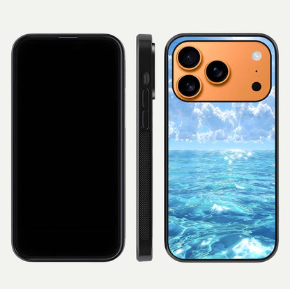 Endless Ocean Horizon Glass Case for iPhone 17 Pro Max dual-view layout displaying calm seascape and curved edges