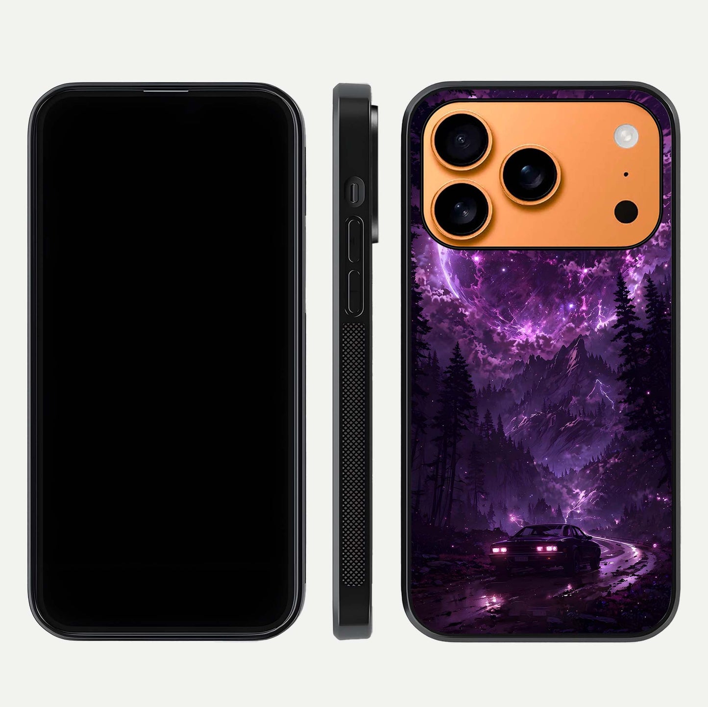 Eternal Cosmic Drive Glass Case for iPhone 17 Pro Max dual-view layout displaying outer-space tones and curved finish