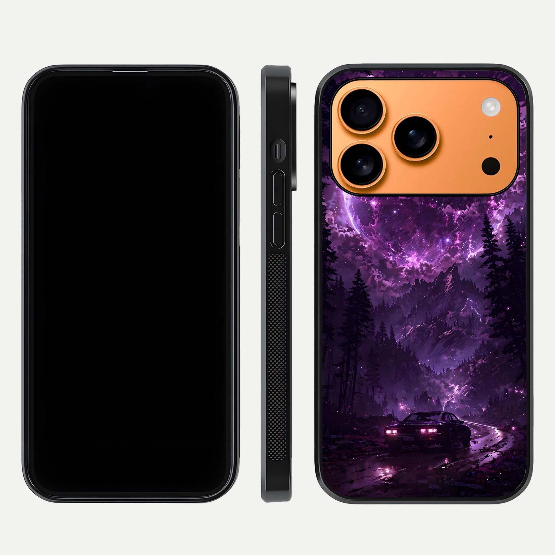 Eternal Cosmic Drive Glass Case for iPhone 17 Pro Max dual-view layout displaying outer-space tones and curved finish
