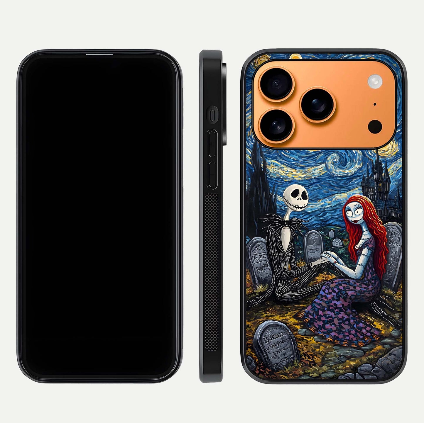 Eternal Night Love Glass Case for iPhone 17 Pro Max dual-view layout displaying HD art and curved polish