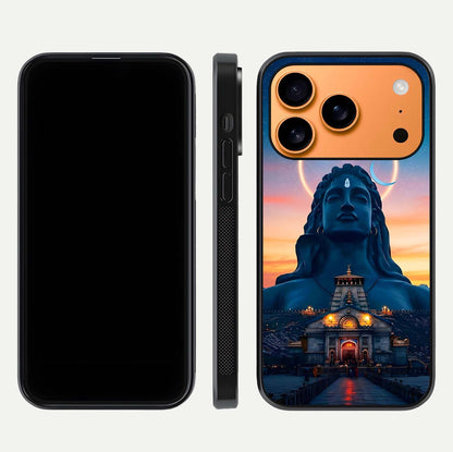 Eternal Shiva Aura Glass Case for iPhone 17 Pro Max dual-view layout displaying HD deity print and smooth edge
