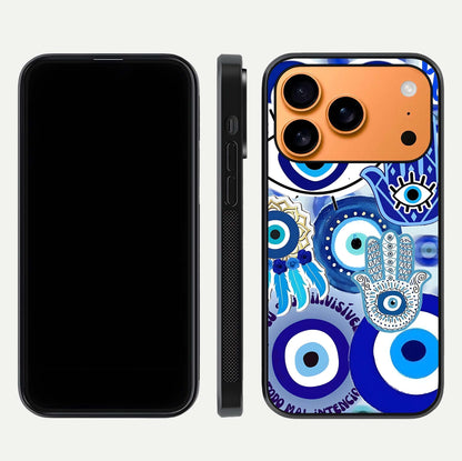 Evil Eyes Dream Glass Case for iPhone 17 Pro Max dual-view layout displaying spiritual motif and polished curved edge