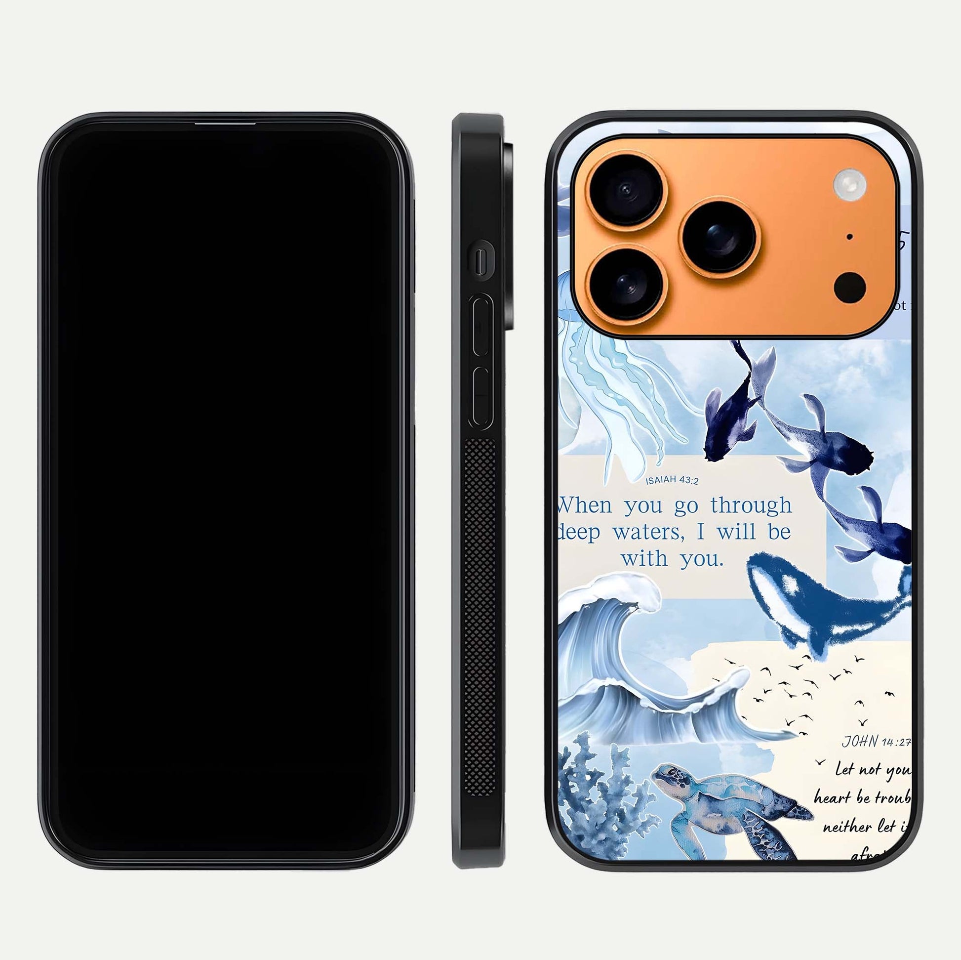Faithful Ocean Promise Glass Case for iPhone 17 Pro Max dual-view layout showing sea horizon art and curved polish