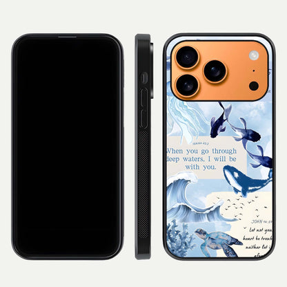 Faithful Ocean Promise Glass Case for iPhone 17 Pro Max dual-view layout showing sea horizon art and curved polish