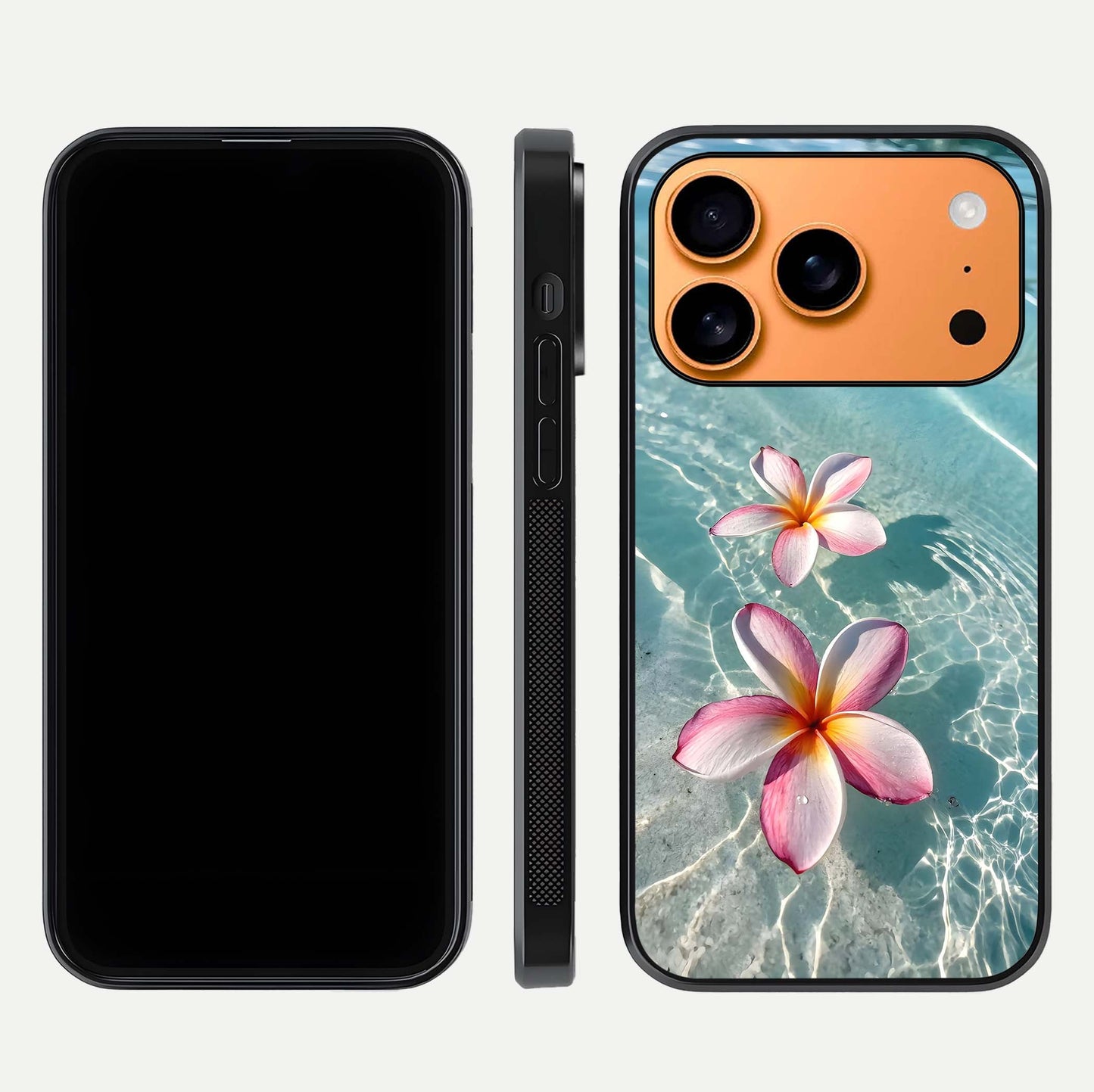 Floating Bloom Bliss Glass Case for iPhone 17 Pro Max dual-view layout displaying soft pastel flowers and curved glass