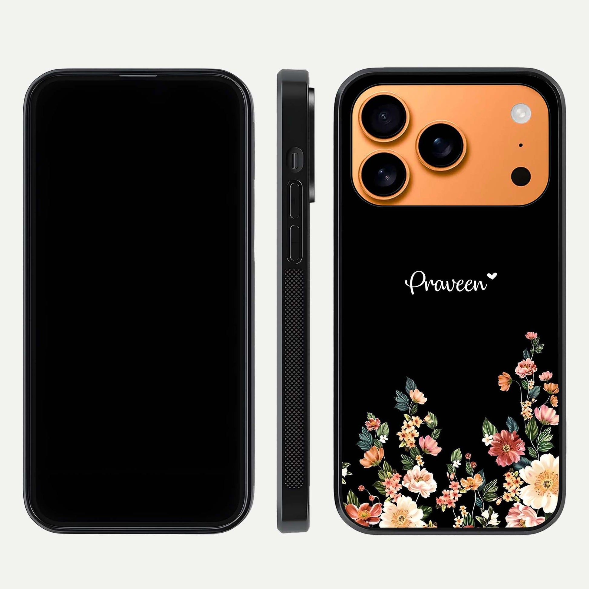 Floral Design Personalized Custom Name Glass Case for iPhone 17 Pro Max dual-view layout displaying artistic tones and curved finish