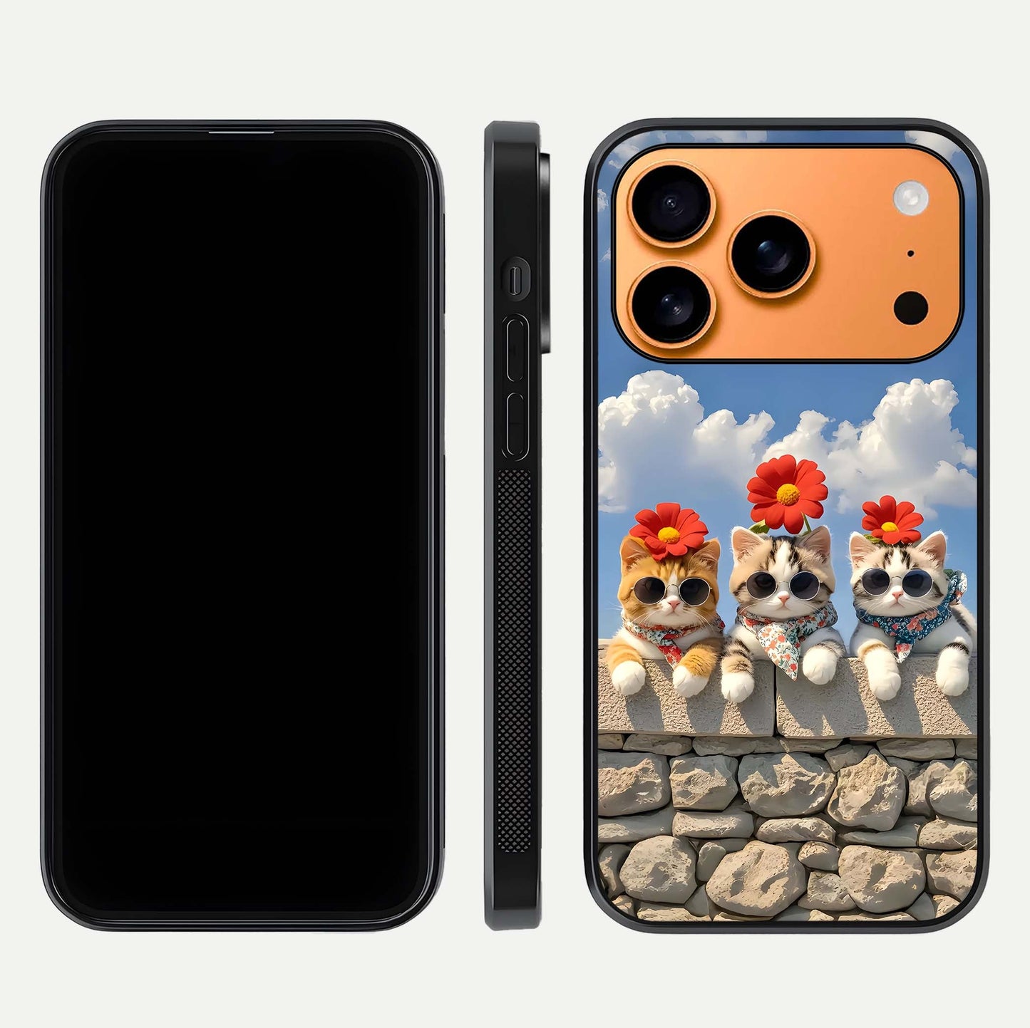 Floral Kitty Squad Glass Case for iPhone 17 Pro Max dual-view layout displaying vibrant tones and smooth edges