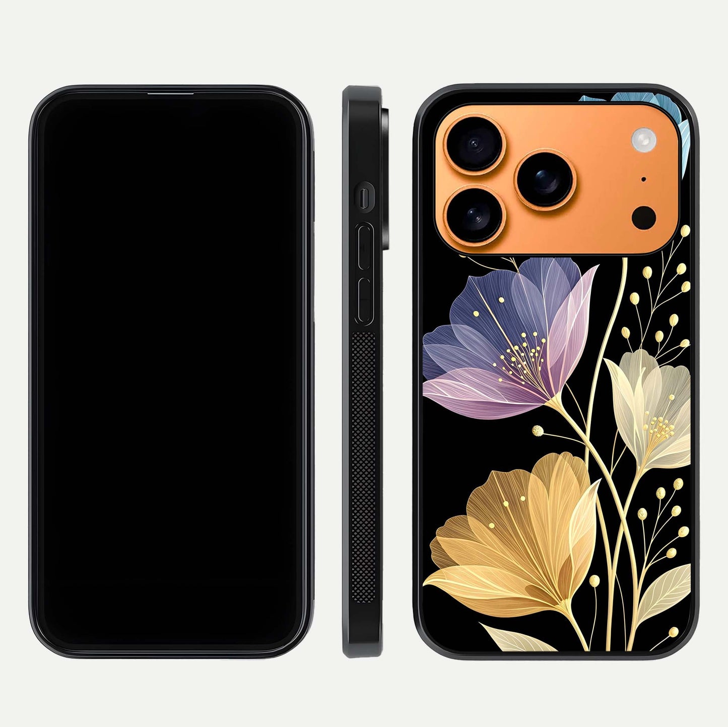 Flower Bloom Glow Glass Case for iPhone 17 Pro Max dual-view layout displaying petal tones and curved glass edge