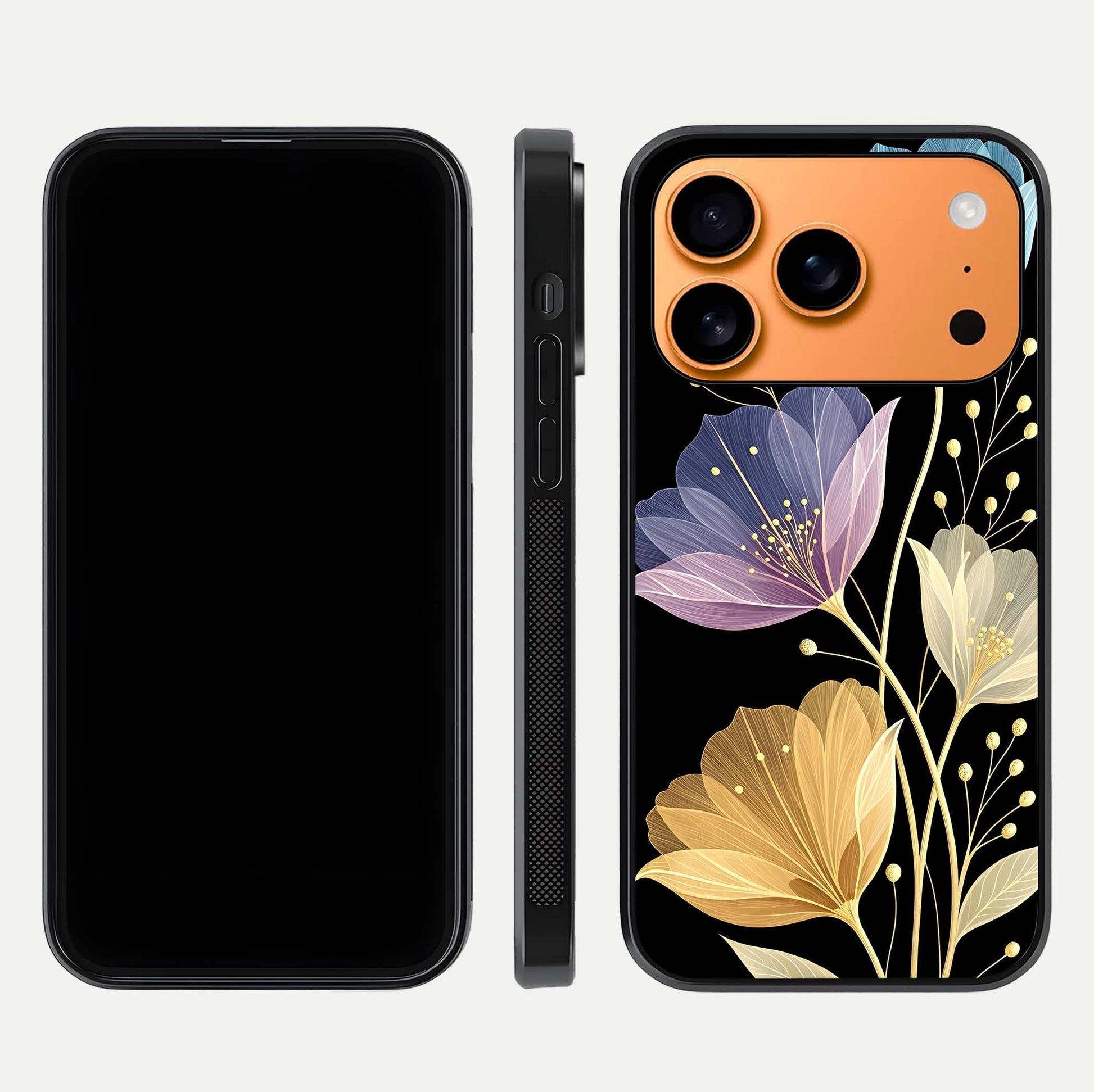 Flower Bloom Glow Glass Case for iPhone 17 Pro Max dual-view layout displaying petal tones and curved glass edge