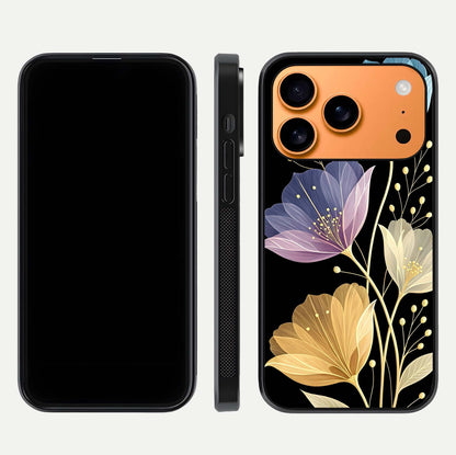 Flower Bloom Glow Glass Case for iPhone 17 Pro Max dual-view layout displaying petal tones and curved glass edge