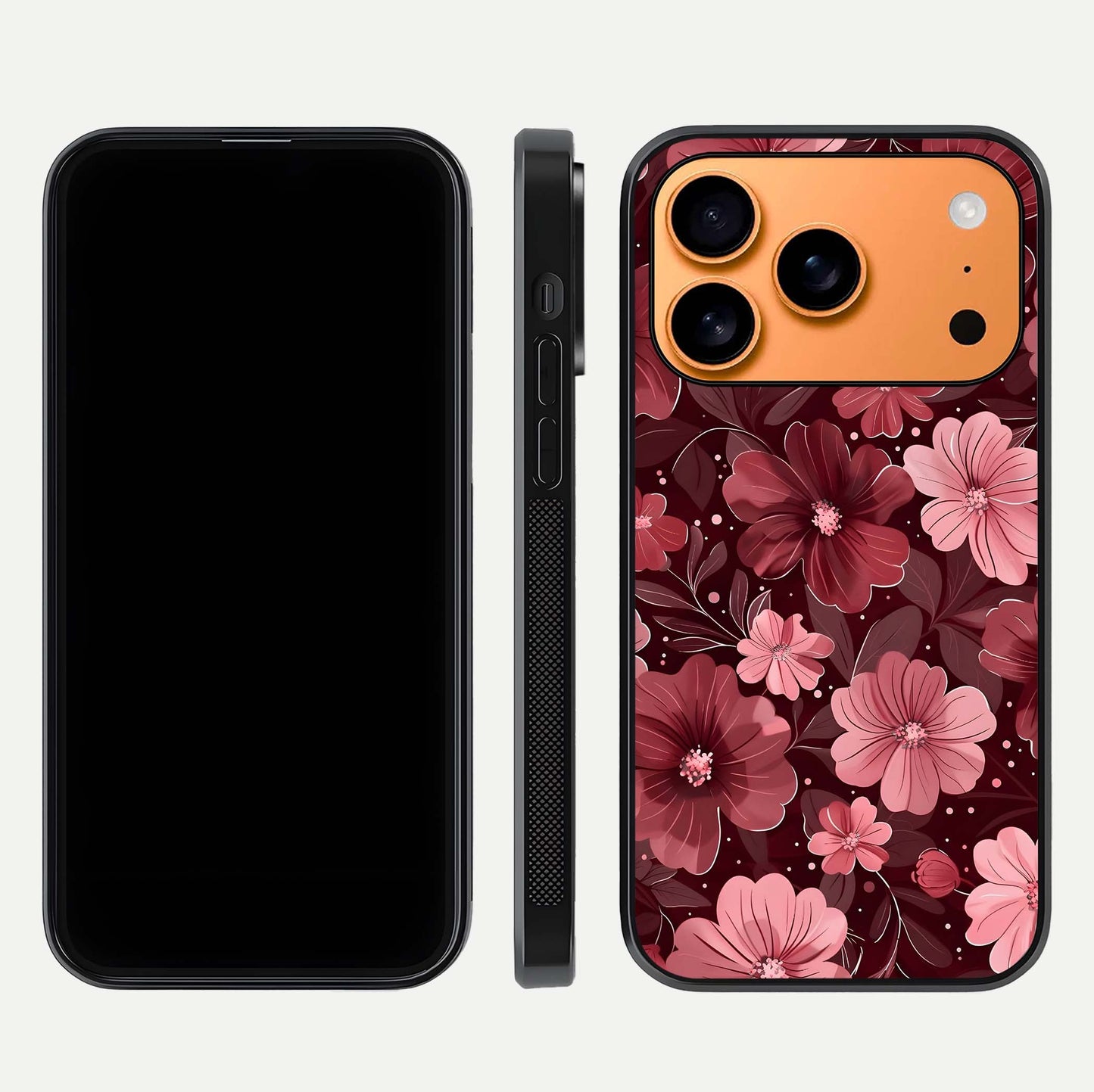 Flower Blush Bloom Glass Case for iPhone 17 Pro Max dual-view layout displaying HD print and smooth curves