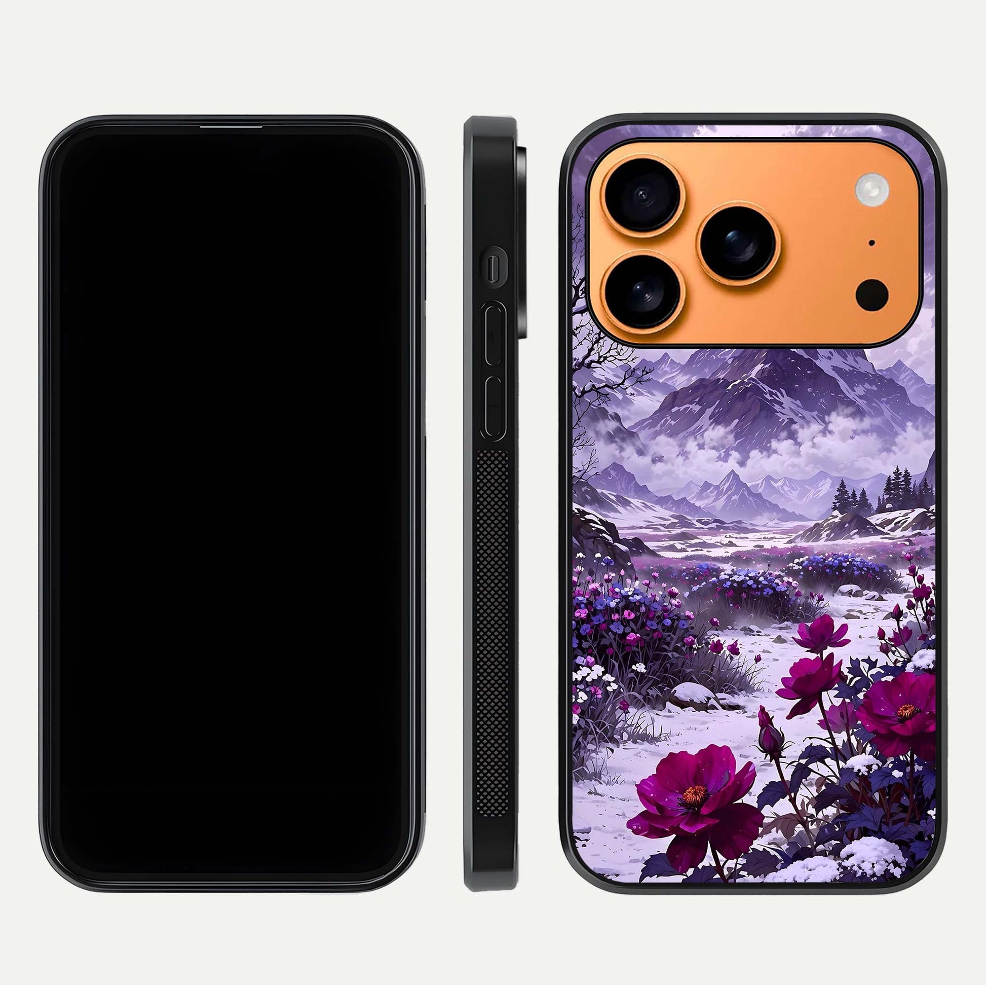 Flower Mountain View Glass Case for iPhone 17 Pro Max dual-view layout displaying scenic tones and curved glass finish
