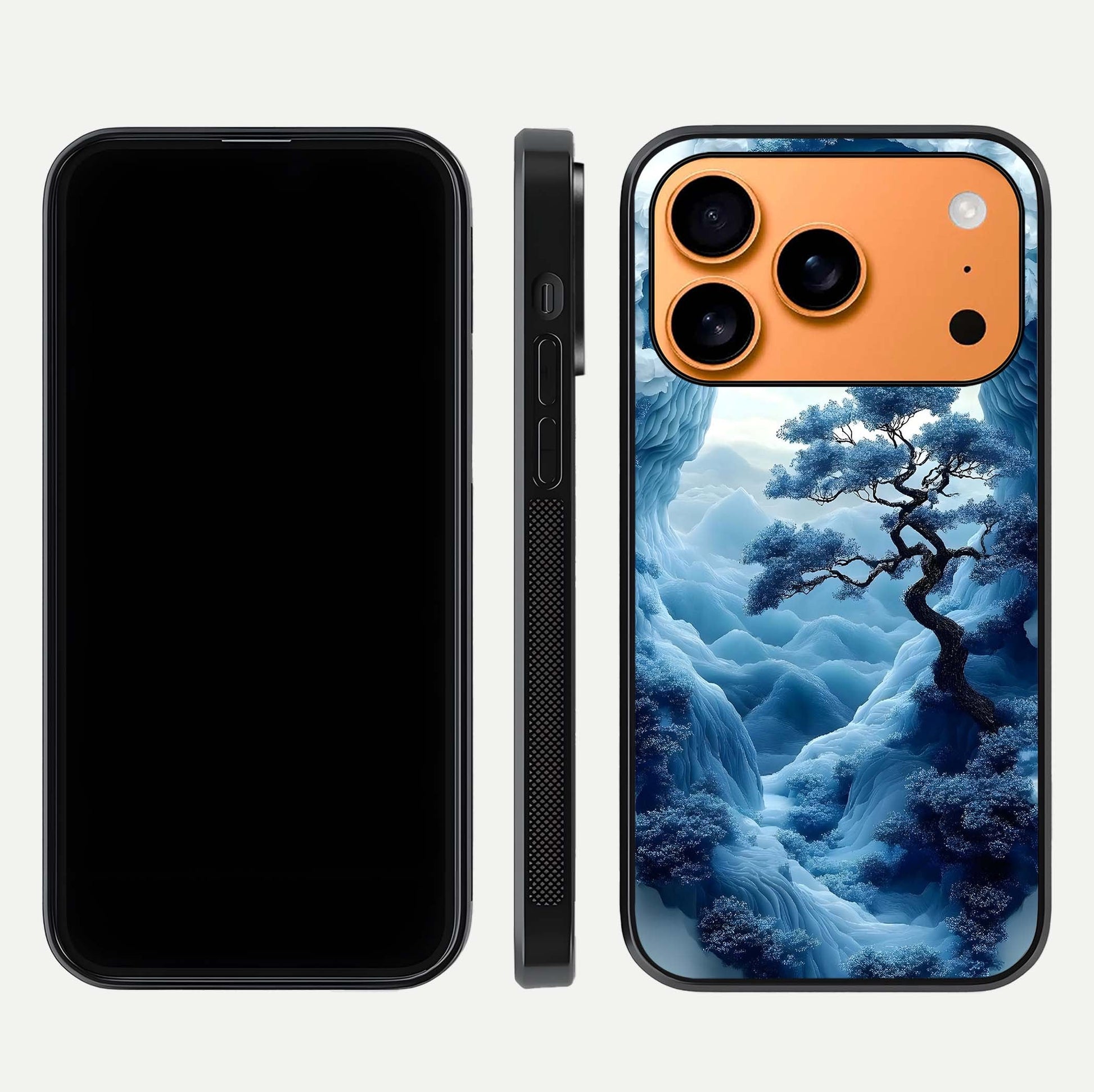 Frozen Serenity Gate Glass Case for iPhone 17 Pro Max dual-view layout displaying winter theme and smooth curves