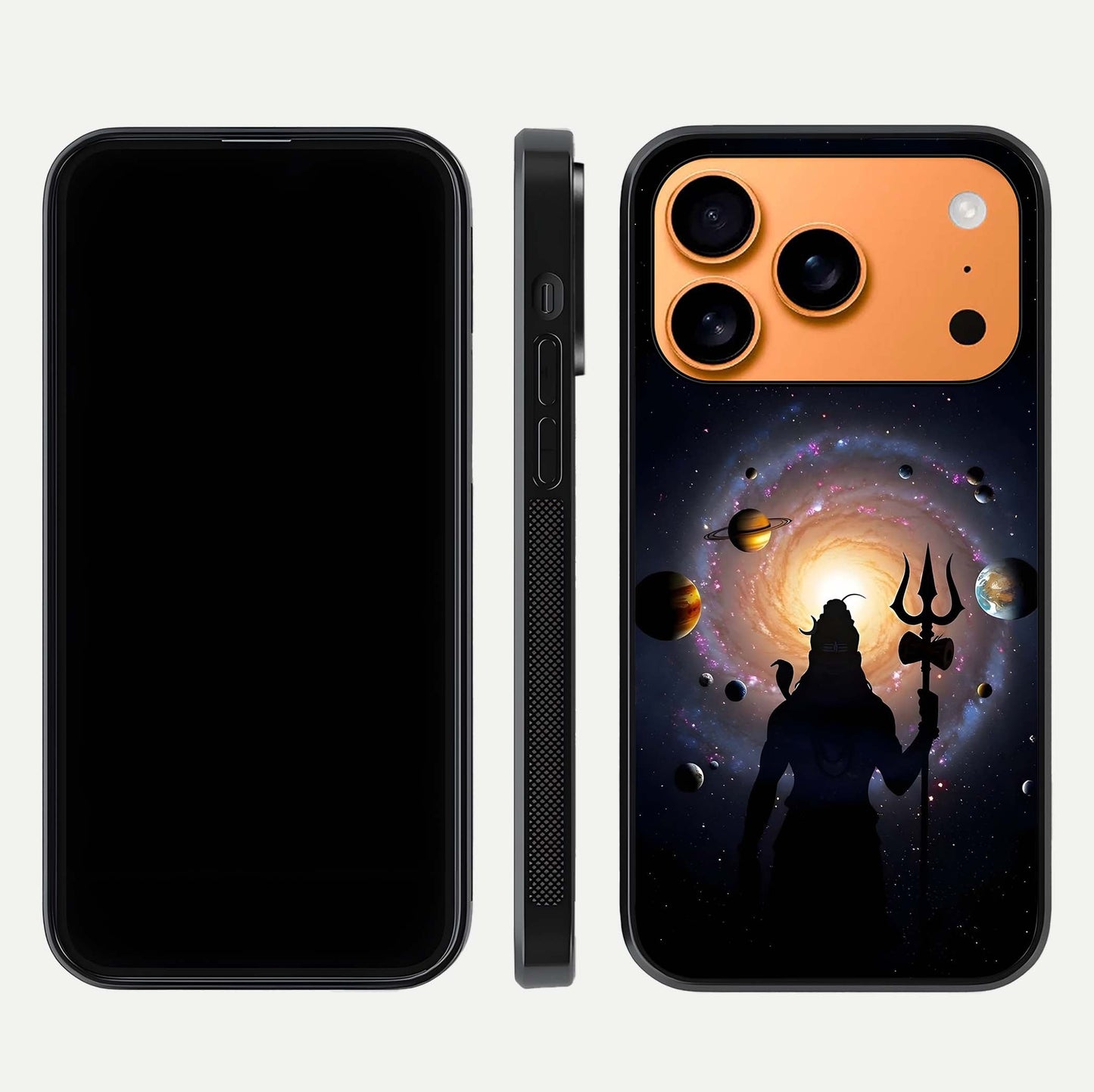 Galactic Shiva Vision Glass Case for iPhone 17 Pro Max front and back view layout showing celestial background and polished curved glass