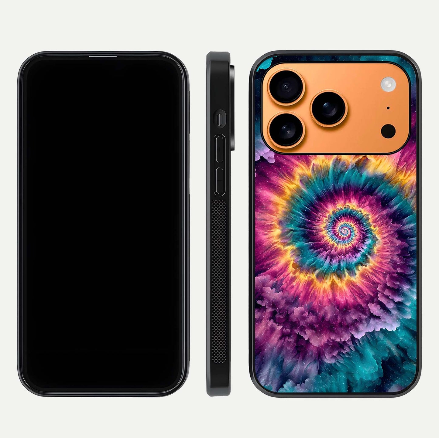 Galactic Spiral Burst Glass Case for iPhone 17 Pro Max front and back view layout highlighting cosmic swirl and curved edges