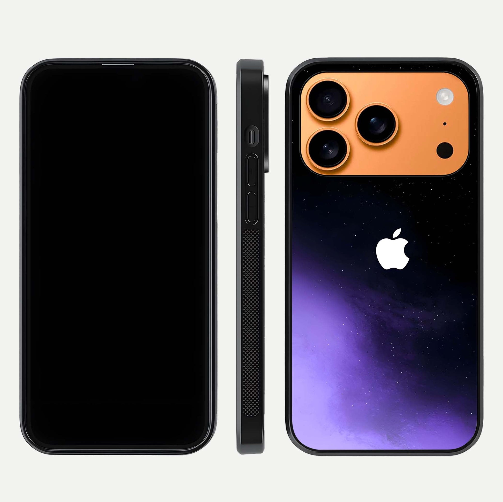 Galaxy Apple Aura Glass Case for iPhone 17 Pro Max front and back view layout displaying cosmic tones and premium curved glass edges