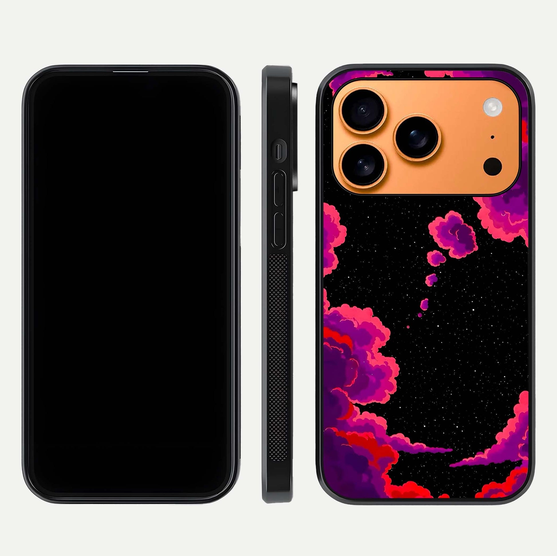 Galaxy Dream Frame Glass Case for iPhone 17 Pro Max front and back view layout highlighting cosmic design and smooth glass curvature