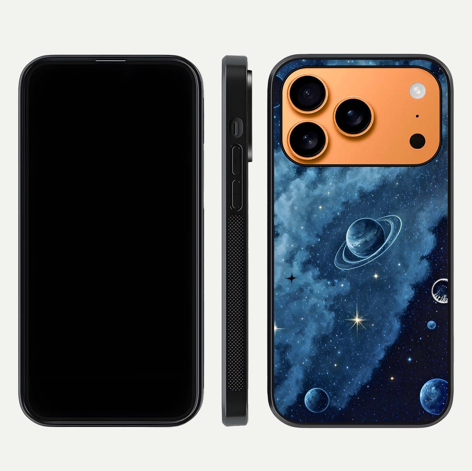 Galaxy Dream Space Glass Case for iPhone 17 Pro Max front and back view layout showing deep-space tones and curved edges